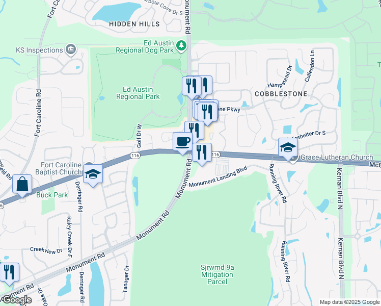 map of restaurants, bars, coffee shops, grocery stores, and more near McCormick Road & Monument Road in Jacksonville