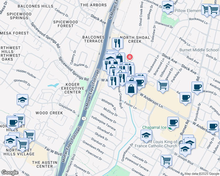map of restaurants, bars, coffee shops, grocery stores, and more near 7800 Shoal Creek Boulevard in Austin