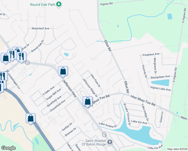 map of restaurants, bars, coffee shops, grocery stores, and more near 17915 Glen Park Drive in Baton Rouge