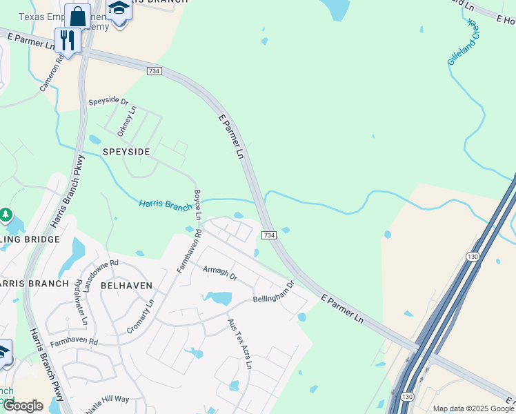 map of restaurants, bars, coffee shops, grocery stores, and more near East Parmer Lane in Manor
