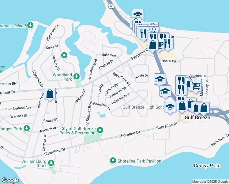 map of restaurants, bars, coffee shops, grocery stores, and more near 202 Palmetto Road in Gulf Breeze