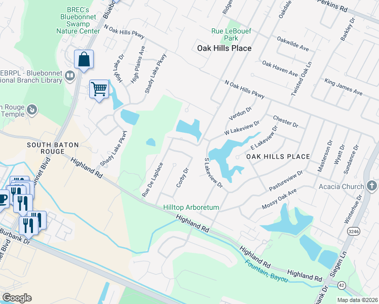 map of restaurants, bars, coffee shops, grocery stores, and more near 11685 Rue Villantray in Baton Rouge