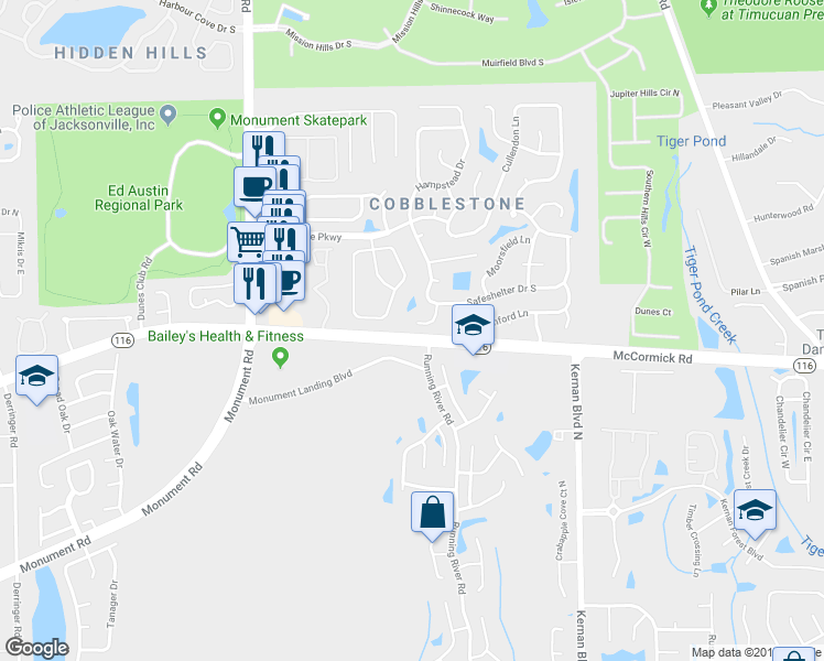 map of restaurants, bars, coffee shops, grocery stores, and more near 2635 Skipton Court in Jacksonville