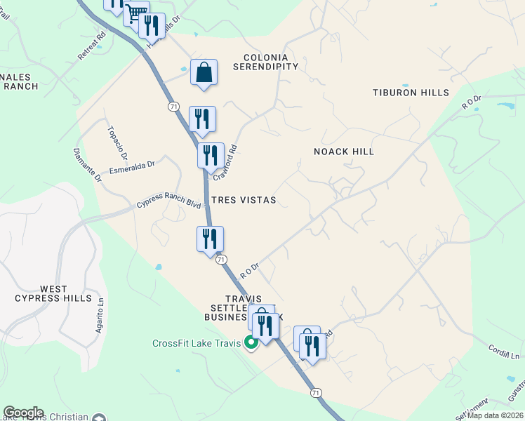 map of restaurants, bars, coffee shops, grocery stores, and more near 4709 Vista Estates Court in Spicewood