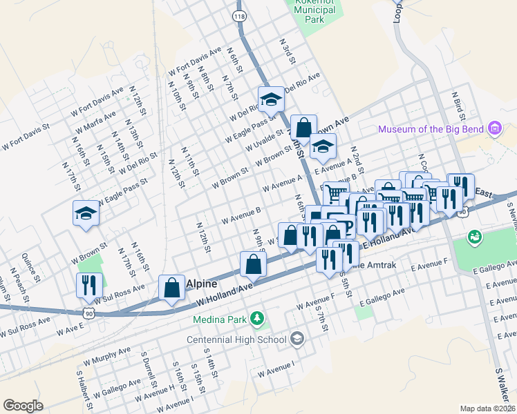 map of restaurants, bars, coffee shops, grocery stores, and more near 401 West Avenue B in Alpine