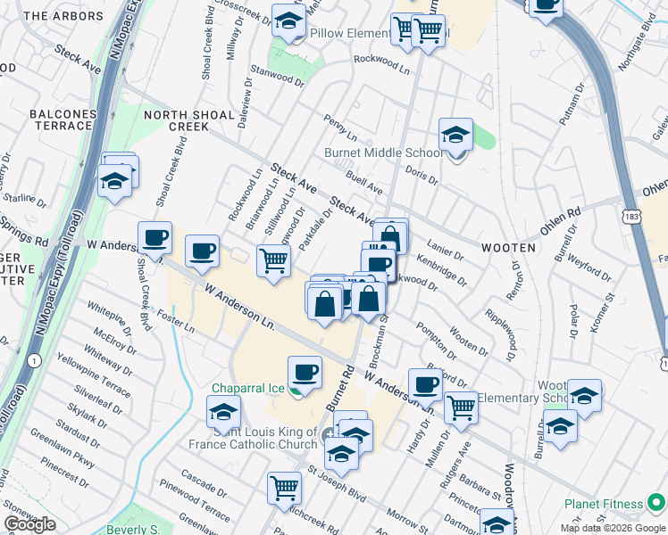 map of restaurants, bars, coffee shops, grocery stores, and more near 2450 Ashdale Drive in Austin