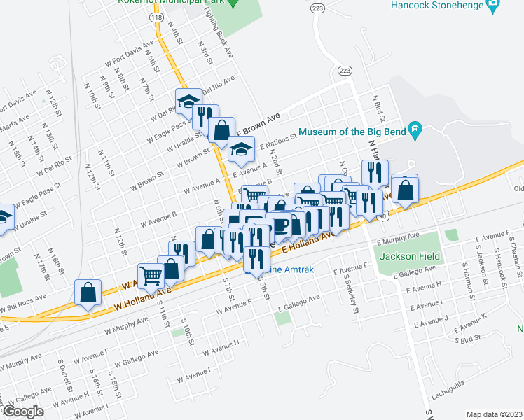 map of restaurants, bars, coffee shops, grocery stores, and more near 205 East Sul Ross Avenue in Alpine