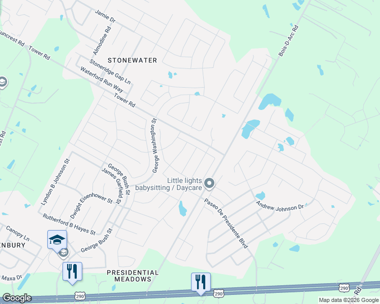 map of restaurants, bars, coffee shops, grocery stores, and more near 13829 Inaugural Street in Manor