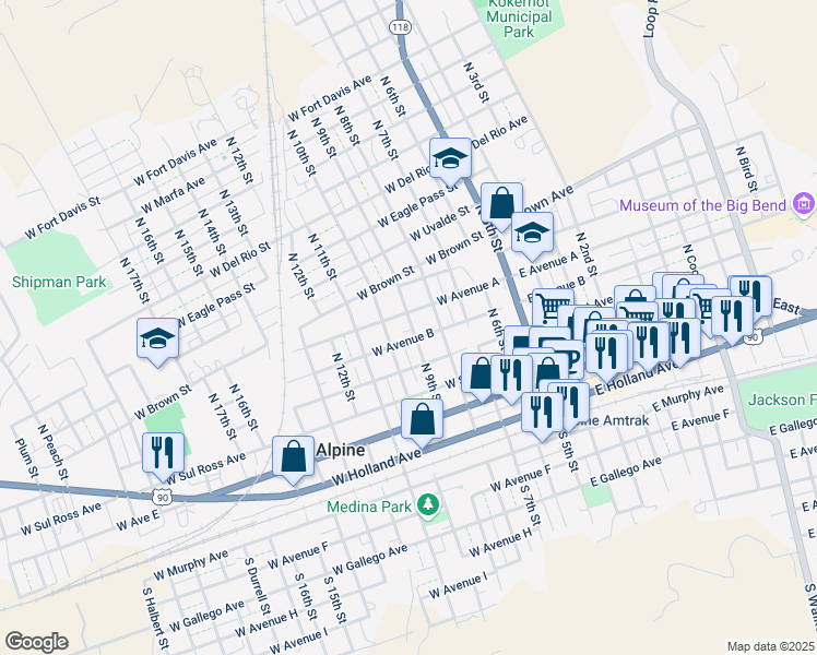 map of restaurants, bars, coffee shops, grocery stores, and more near 503 North 9th Street in Alpine