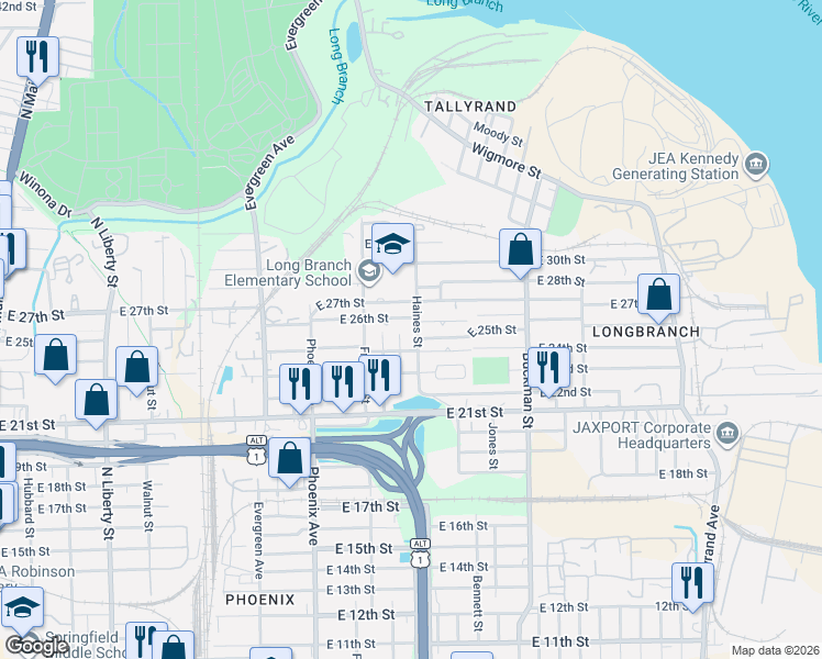 map of restaurants, bars, coffee shops, grocery stores, and more near 3419 Bridier Street in Jacksonville