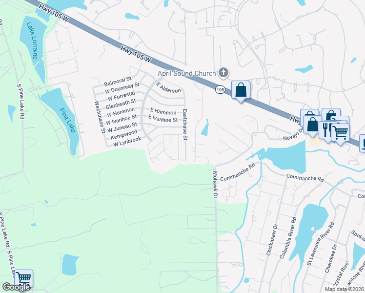 map of restaurants, bars, coffee shops, grocery stores, and more near 16369 Eastchase Street in Montgomery