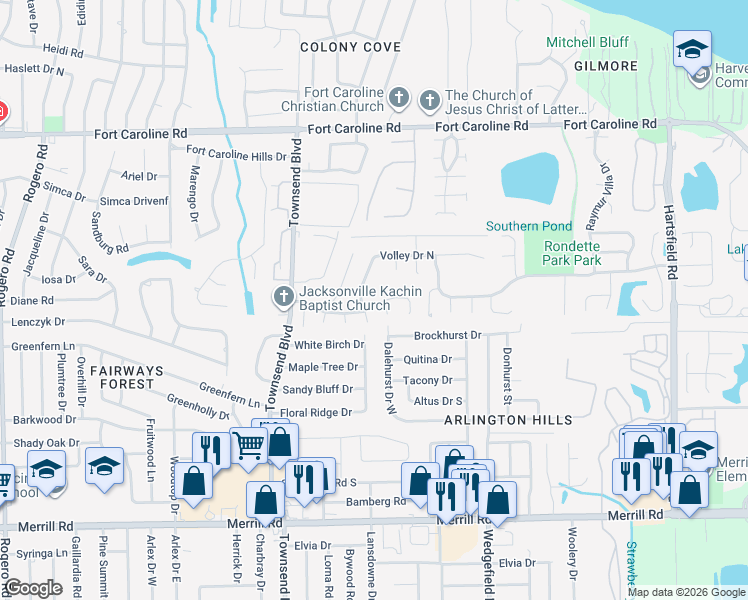 map of restaurants, bars, coffee shops, grocery stores, and more near 3277 Ace Court in Jacksonville
