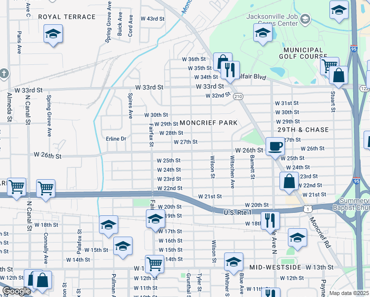 map of restaurants, bars, coffee shops, grocery stores, and more near 1638 West 26th Street in Jacksonville