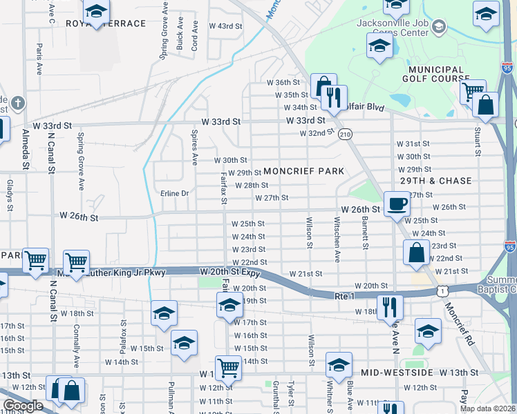 map of restaurants, bars, coffee shops, grocery stores, and more near 1638 West 26th Street in Jacksonville