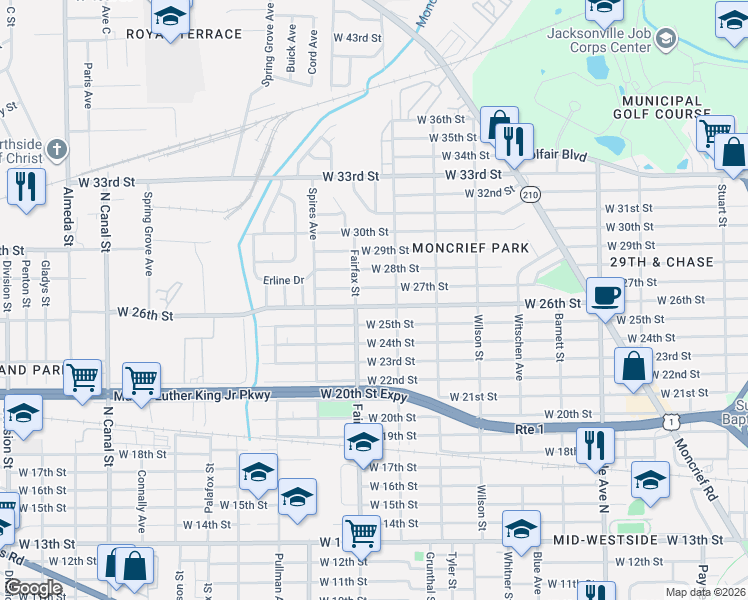 map of restaurants, bars, coffee shops, grocery stores, and more near 1724 West 26th Street in Jacksonville