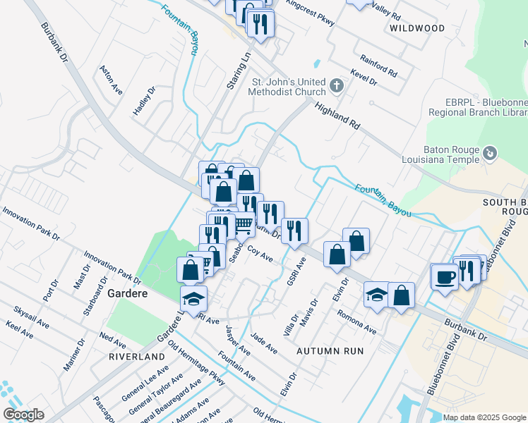 map of restaurants, bars, coffee shops, grocery stores, and more near 9429 Burbank Drive in Baton Rouge