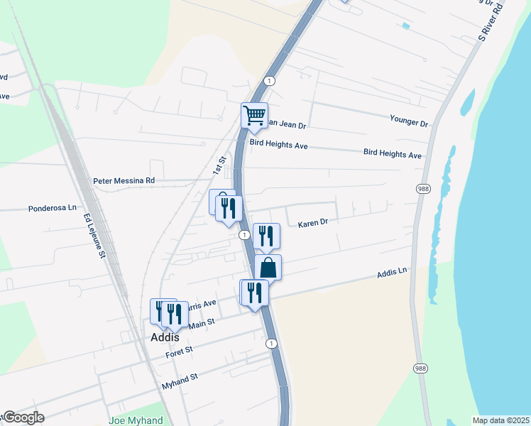 map of restaurants, bars, coffee shops, grocery stores, and more near 7523 Louisiana 1 in Addis