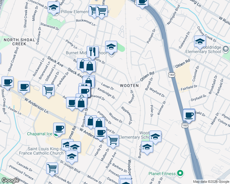map of restaurants, bars, coffee shops, grocery stores, and more near 2103 Lanier Drive in Austin