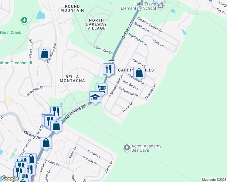 map of restaurants, bars, coffee shops, grocery stores, and more near 404 Hummingbird Lane in Austin