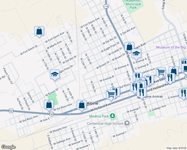 map of restaurants, bars, coffee shops, grocery stores, and more near 700-798 West Avenue A in Alpine