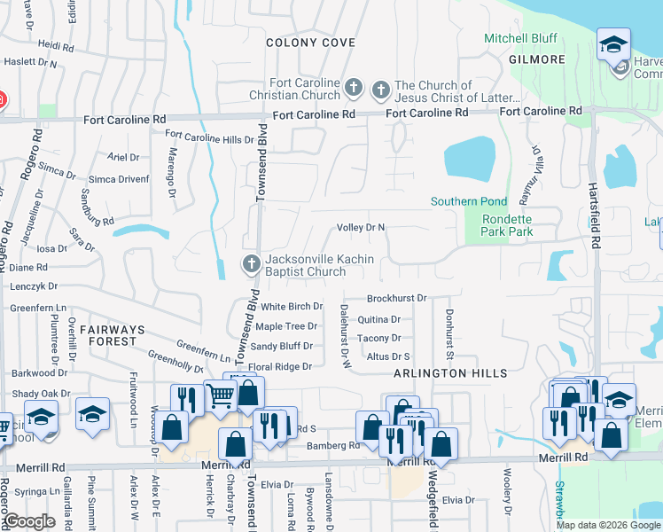 map of restaurants, bars, coffee shops, grocery stores, and more near 3277 Ace Court in Jacksonville