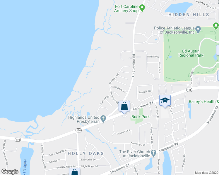map of restaurants, bars, coffee shops, grocery stores, and more near 2240 Brentfield Road in Jacksonville