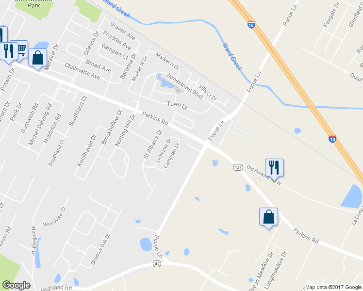 map of restaurants, bars, coffee shops, grocery stores, and more near 1628 Campden Drive in Baton Rouge