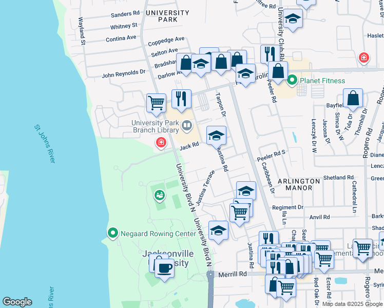 map of restaurants, bars, coffee shops, grocery stores, and more near 3383 University Boulevard North in Jacksonville