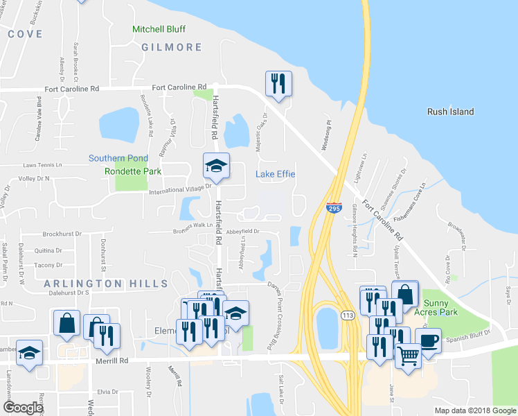 map of restaurants, bars, coffee shops, grocery stores, and more near 3385 Hartsfield Road in Jacksonville