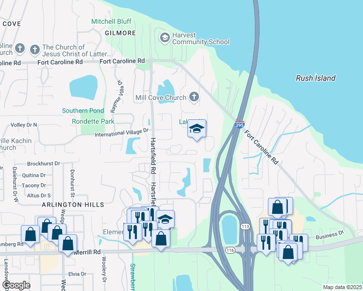 map of restaurants, bars, coffee shops, grocery stores, and more near 3385 Hartsfield Road in Jacksonville