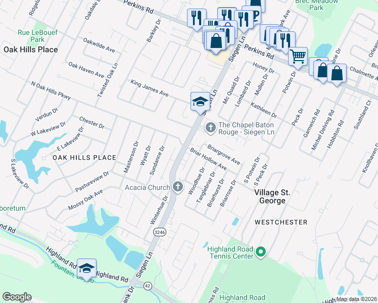 map of restaurants, bars, coffee shops, grocery stores, and more near 9721 Siegen Lane in Baton Rouge