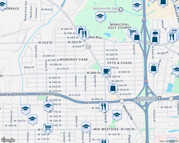 map of restaurants, bars, coffee shops, grocery stores, and more near 1437 West 26th Street in Jacksonville