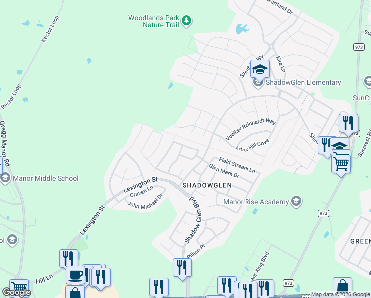 map of restaurants, bars, coffee shops, grocery stores, and more near 13424 Breezy Meadow Lane in Manor