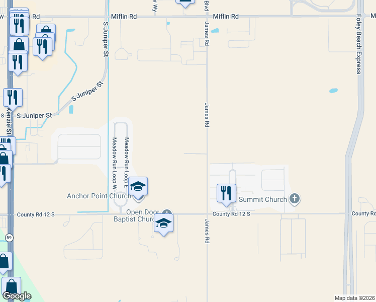 map of restaurants, bars, coffee shops, grocery stores, and more near 9299 James Road in Foley
