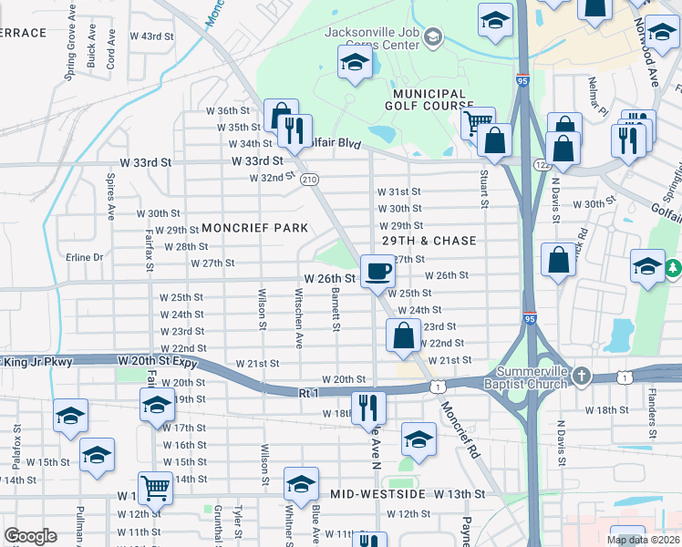 map of restaurants, bars, coffee shops, grocery stores, and more near 1408 West 26th Street in Jacksonville