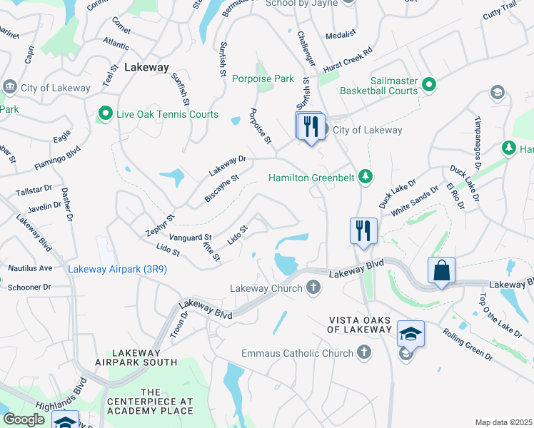 map of restaurants, bars, coffee shops, grocery stores, and more near 405 New Lido Drive in Lakeway