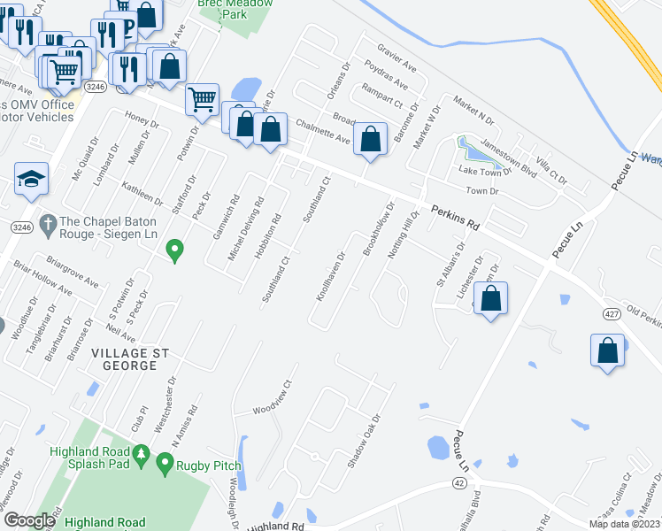 map of restaurants, bars, coffee shops, grocery stores, and more near 1311 Knollhaven Drive in Baton Rouge