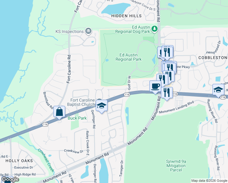 map of restaurants, bars, coffee shops, grocery stores, and more near 2132 Dunes Way Drive North in Jacksonville