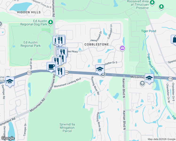 map of restaurants, bars, coffee shops, grocery stores, and more near 2635 Skipton Court in Jacksonville