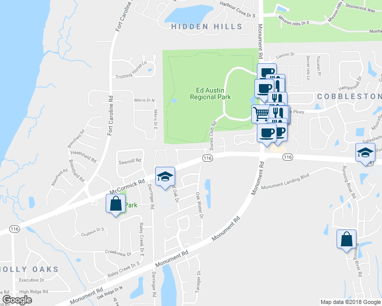 map of restaurants, bars, coffee shops, grocery stores, and more near 11613 McCormick Road in Jacksonville