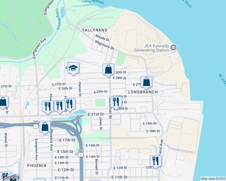 map of restaurants, bars, coffee shops, grocery stores, and more near 3408 Buckman Street in Jacksonville