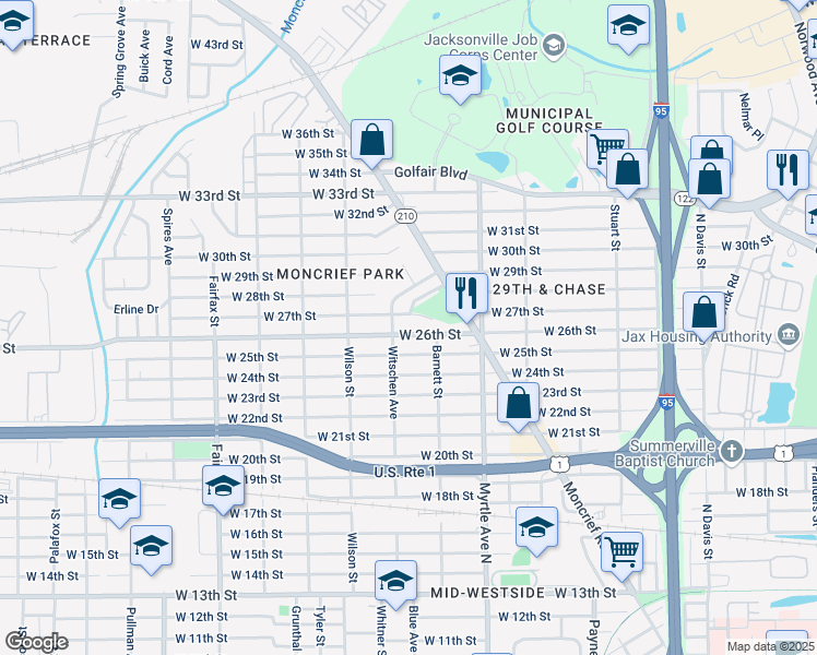 map of restaurants, bars, coffee shops, grocery stores, and more near 1474 Witschen Avenue in Jacksonville