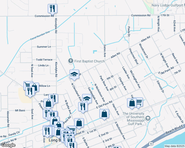 map of restaurants, bars, coffee shops, grocery stores, and more near 1001 Park Row Avenue in Long Beach