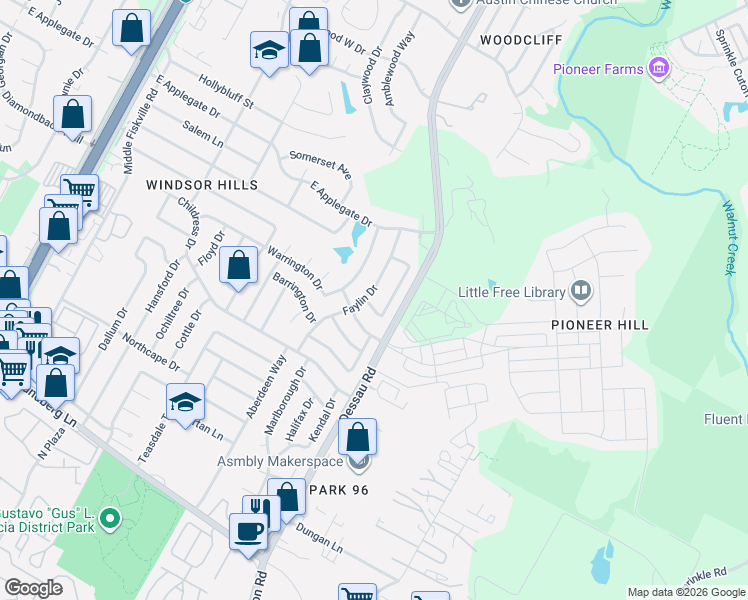 map of restaurants, bars, coffee shops, grocery stores, and more near 10112 Willfield Drive in Austin