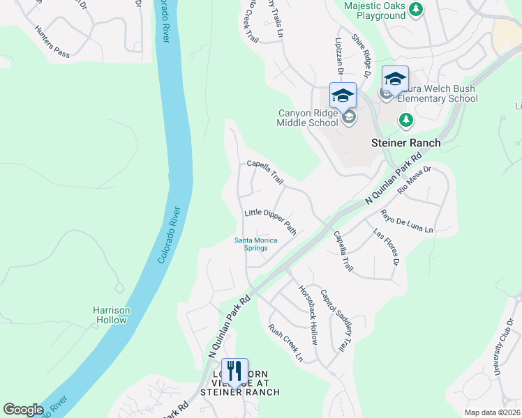map of restaurants, bars, coffee shops, grocery stores, and more near 12901 Little Dipper Road in Austin