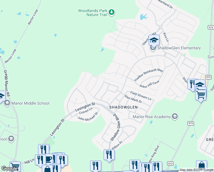 map of restaurants, bars, coffee shops, grocery stores, and more near 11608 Shady Meadow Way in Manor