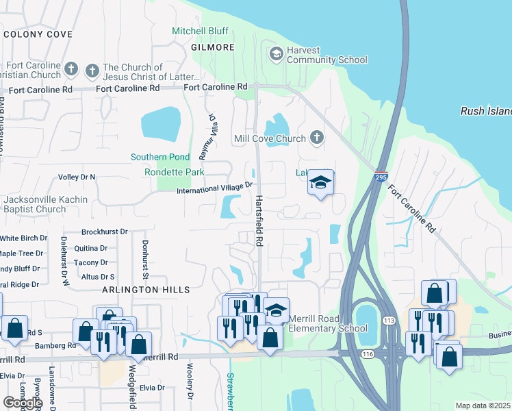 map of restaurants, bars, coffee shops, grocery stores, and more near 3399 Charmont Drive in Jacksonville