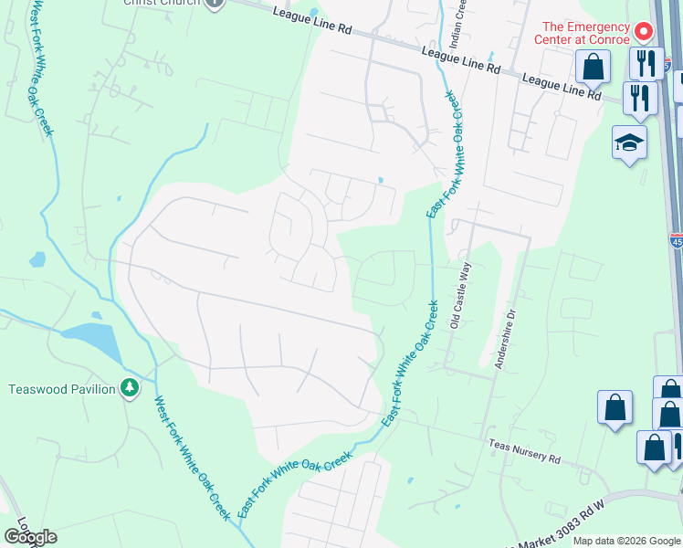map of restaurants, bars, coffee shops, grocery stores, and more near 7010 Cross Creek Road in Conroe