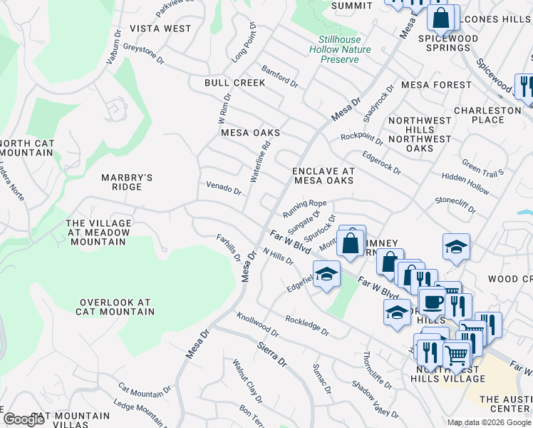 map of restaurants, bars, coffee shops, grocery stores, and more near 7104 Mesa Drive in Austin
