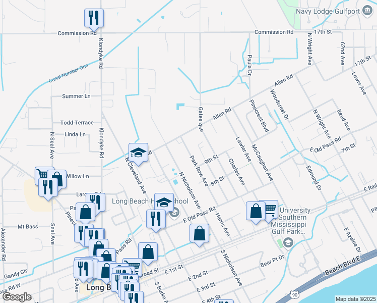 map of restaurants, bars, coffee shops, grocery stores, and more near 1000 Park Row Avenue in Long Beach